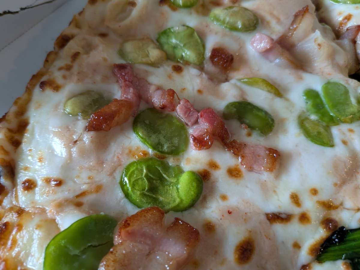 「パンチェッタとそら豆の桜えびソース」のチーズ